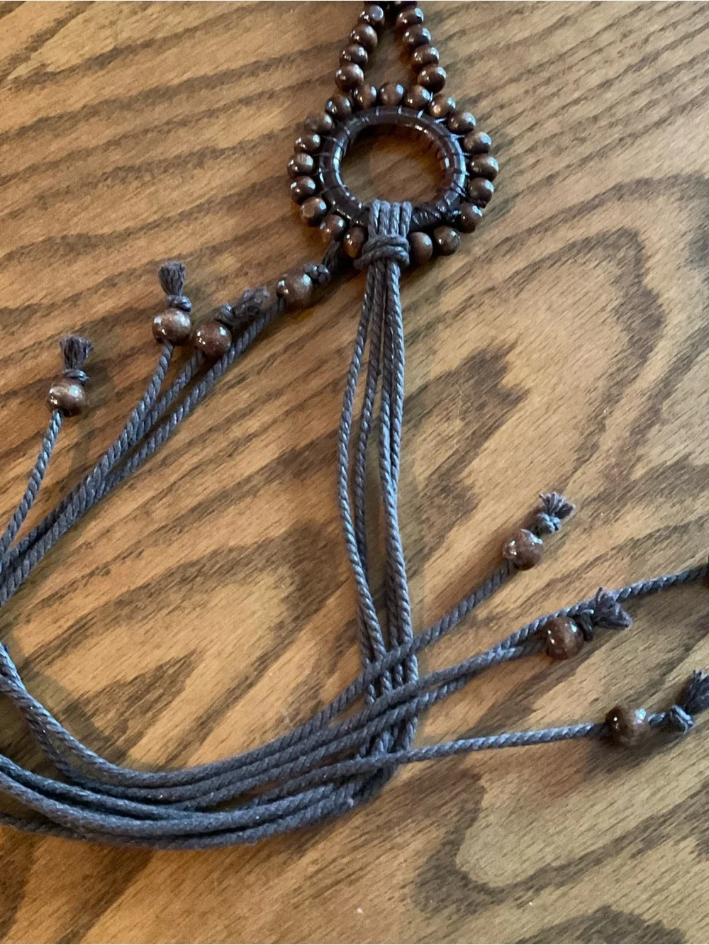 Vintage Boho Macrame Belt Wooden Bead Tassels; Boho Wooden Bead O-Ring Belt, 57”